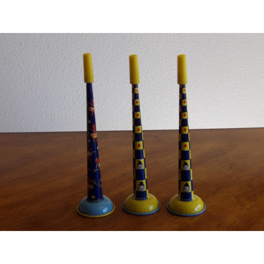 1950's KIRCHHOF Tin Litho NOISE MAKER HORNS Lot of 3 Clowns Ballerina New Years